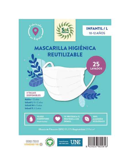 Mascarilla Algodon Organico Higienica reutilizable INFANTIL/L Sol Natural