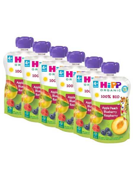 Pouches Melocoton, Manzana y Frutos del Bosque Bio 6x100g Hipp