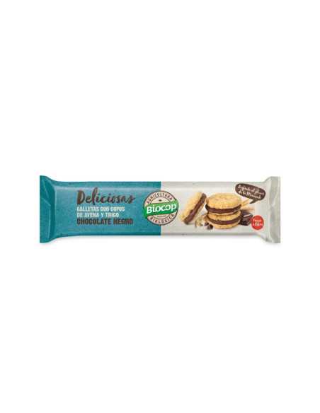 Galletas deliciosas con copos de avena y trigo rellena de choco negro bio 150g Biocop